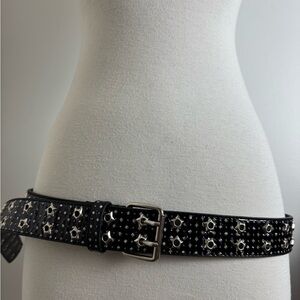 Black Leather Belt with Silver Star Shaped Studs and Gems and Silver Hardware